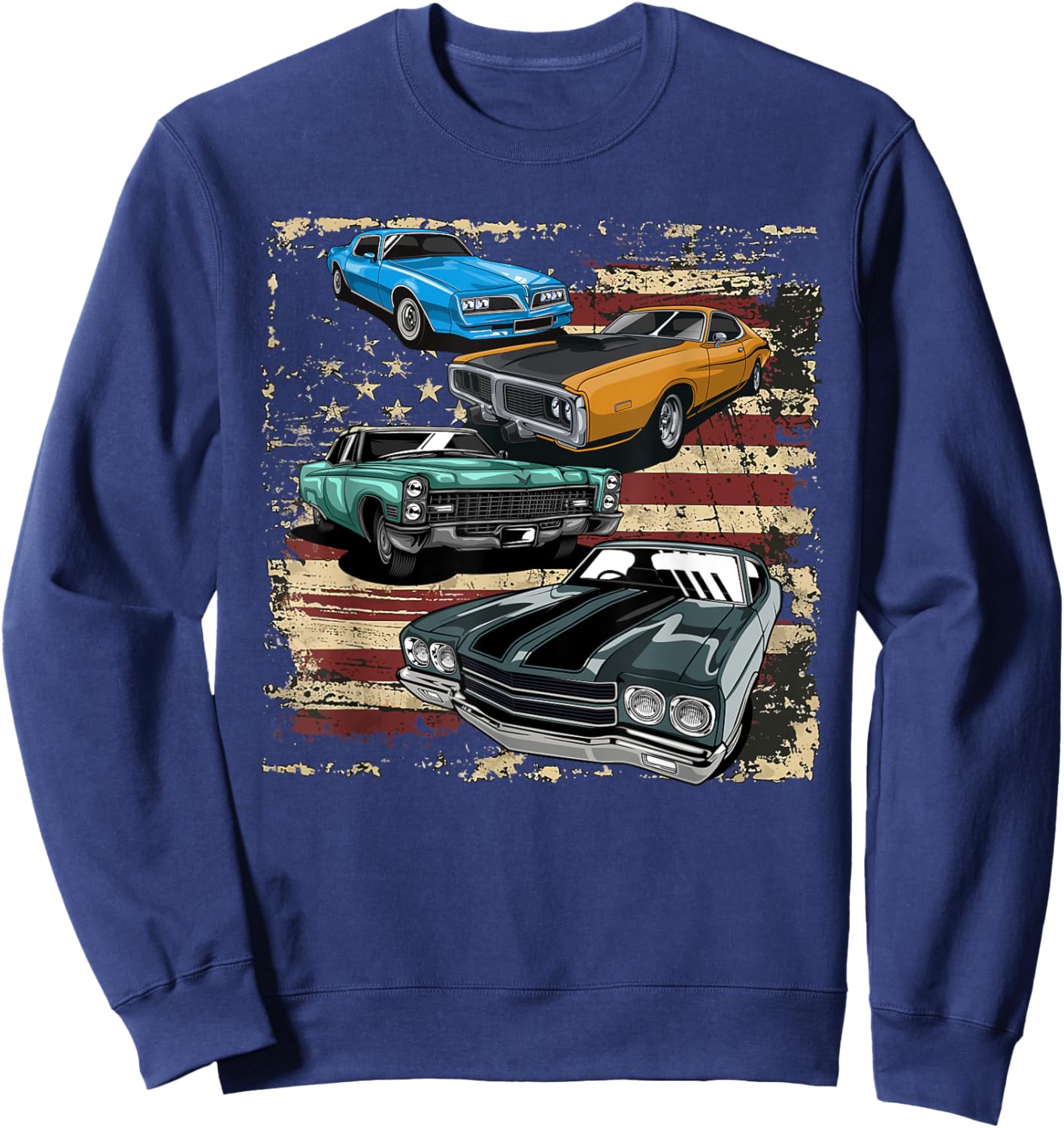 Classic Car American Muscle Cars USA Flag Vintage July 4th Sweatshirt - Sweatshirt | Navy