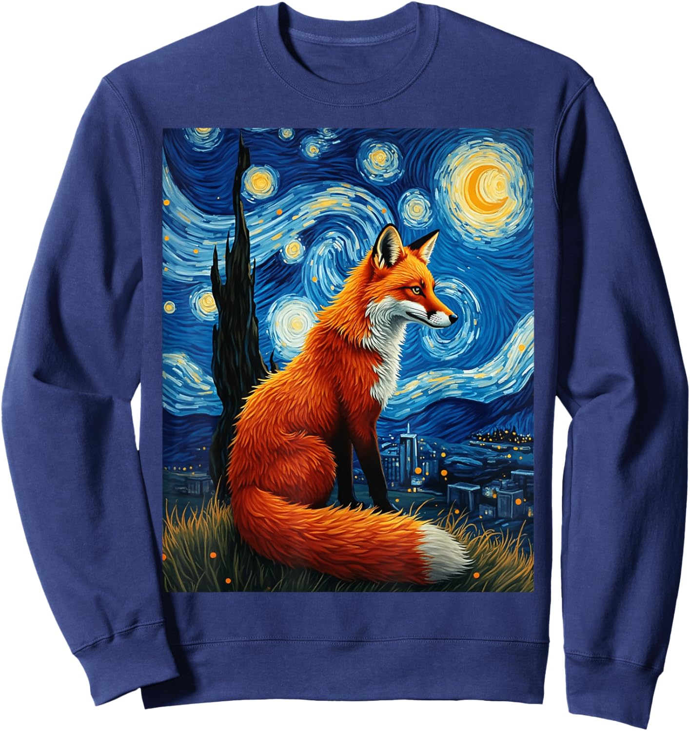 Van Gogh's Starry Night Red Fox Cunning Trickster Animal Sweatshirt - Sweatshirt | Navy