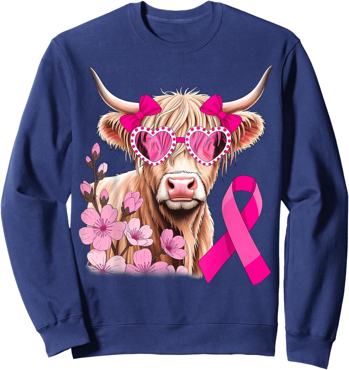 Highland Cow in October We Wear Pink Breast Cancer Awareness Sweatshirt - Sweatshirt | Navy