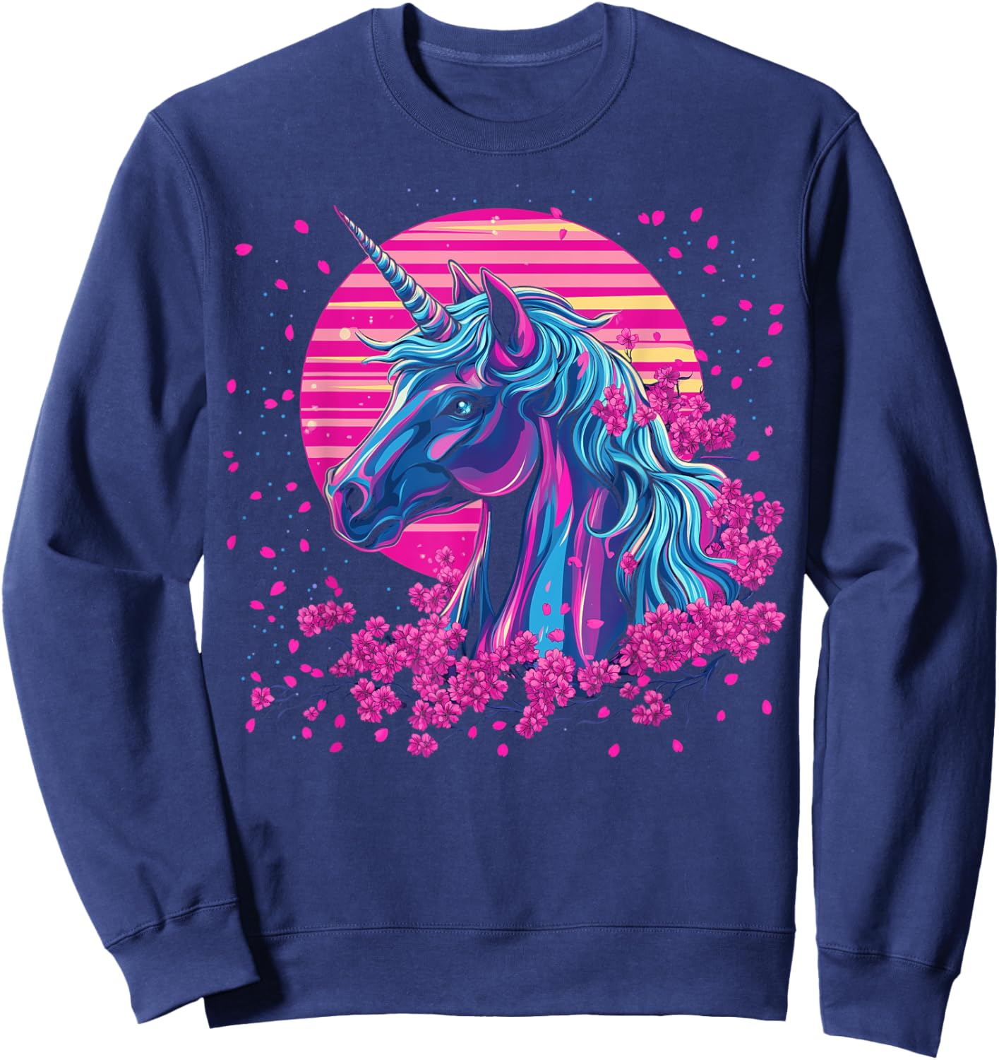 Vaporwave Unicorn Cherry Blossoms Retro Synthwave Aesthetic Sweatshirt - Sweatshirt | Navy