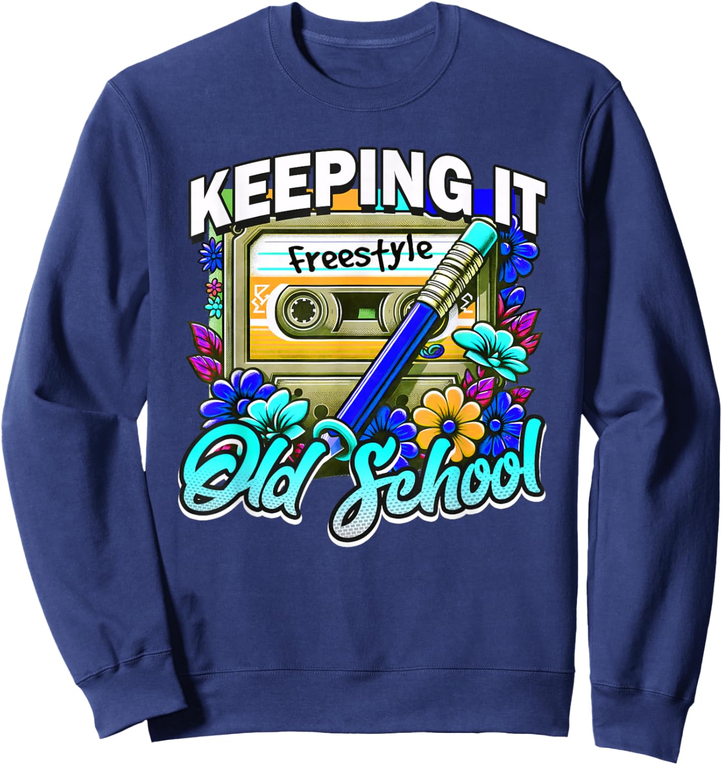 Rewind Cassette Pencil Old School Music Freestyle for 80s Sweatshirt - Sweatshirt | Navy