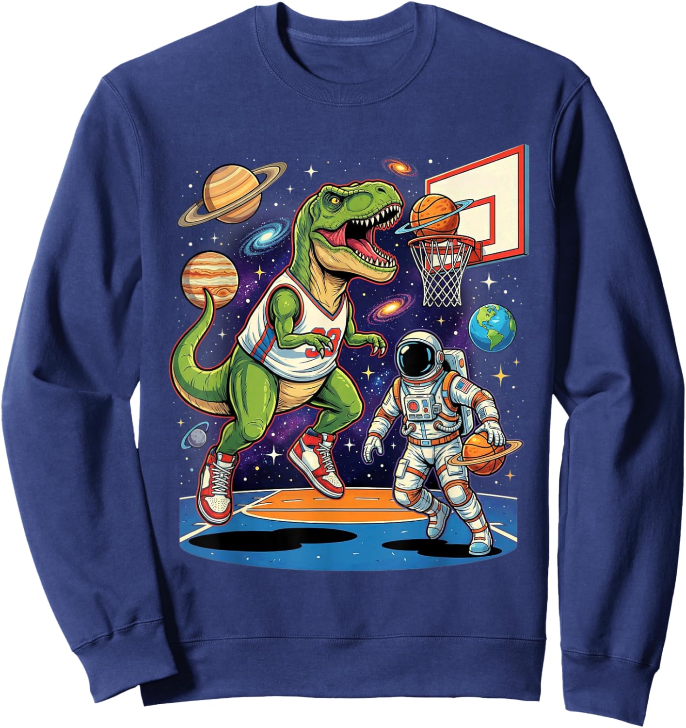 T-Rex Playing Basketball with an Astronaut in Outer Space Sweatshirt - Sweatshirt | Navy