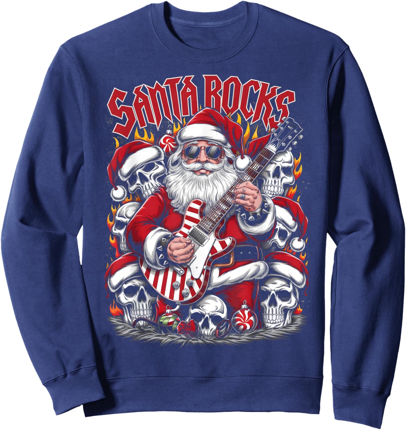 Christmas Rocker Metalhead Guitarist Santa Rocks Sweatshirt - Sweatshirt | Navy
