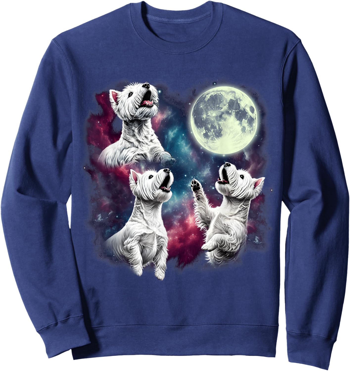 Three West Highland White Terriers Howling at Moon Funny Sweatshirt - Sweatshirt | Navy