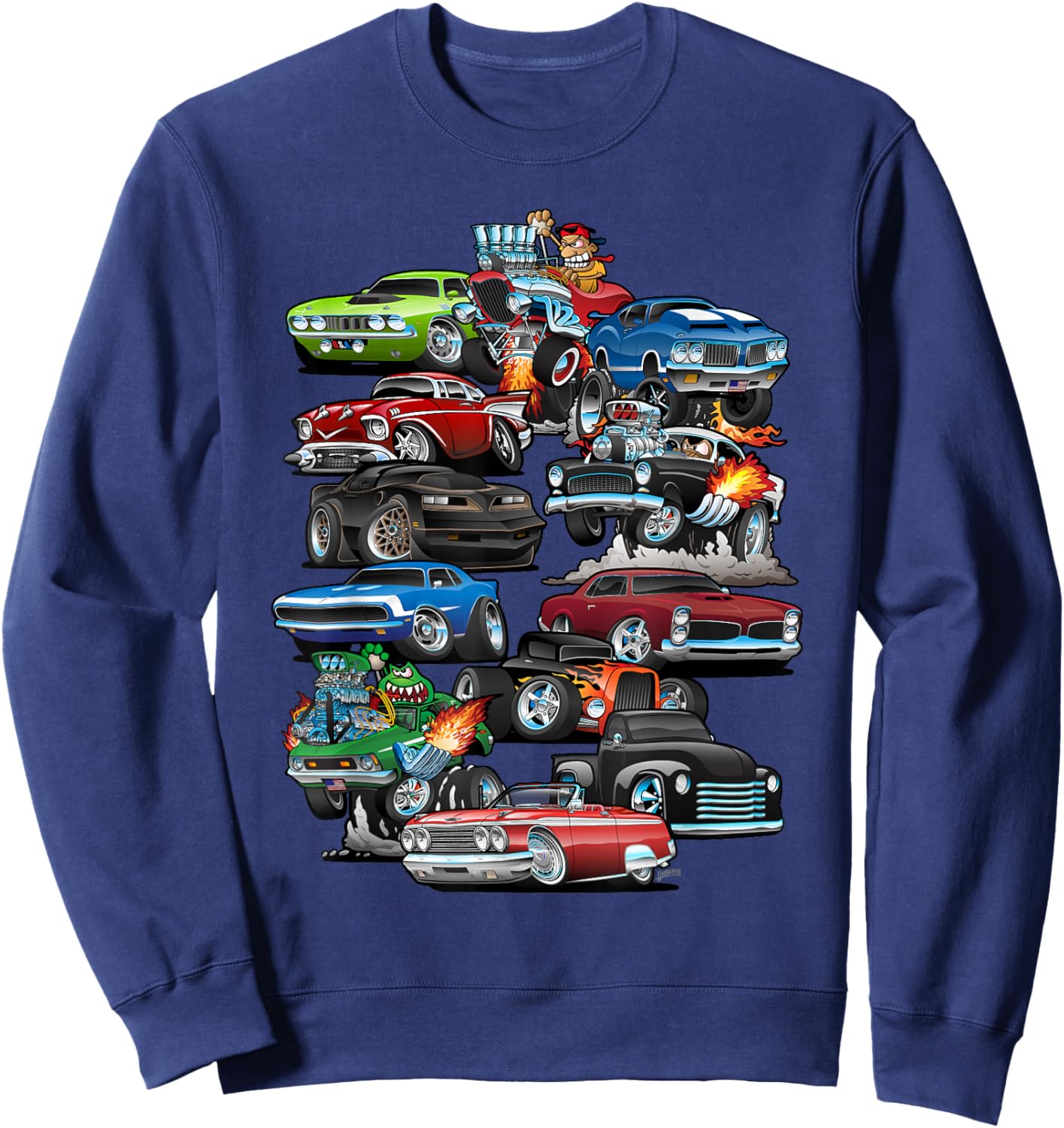Car Madness! Muscle Cars, Classic Cars and Hotrods Cartoon Sweatshirt - Sweatshirt | Navy