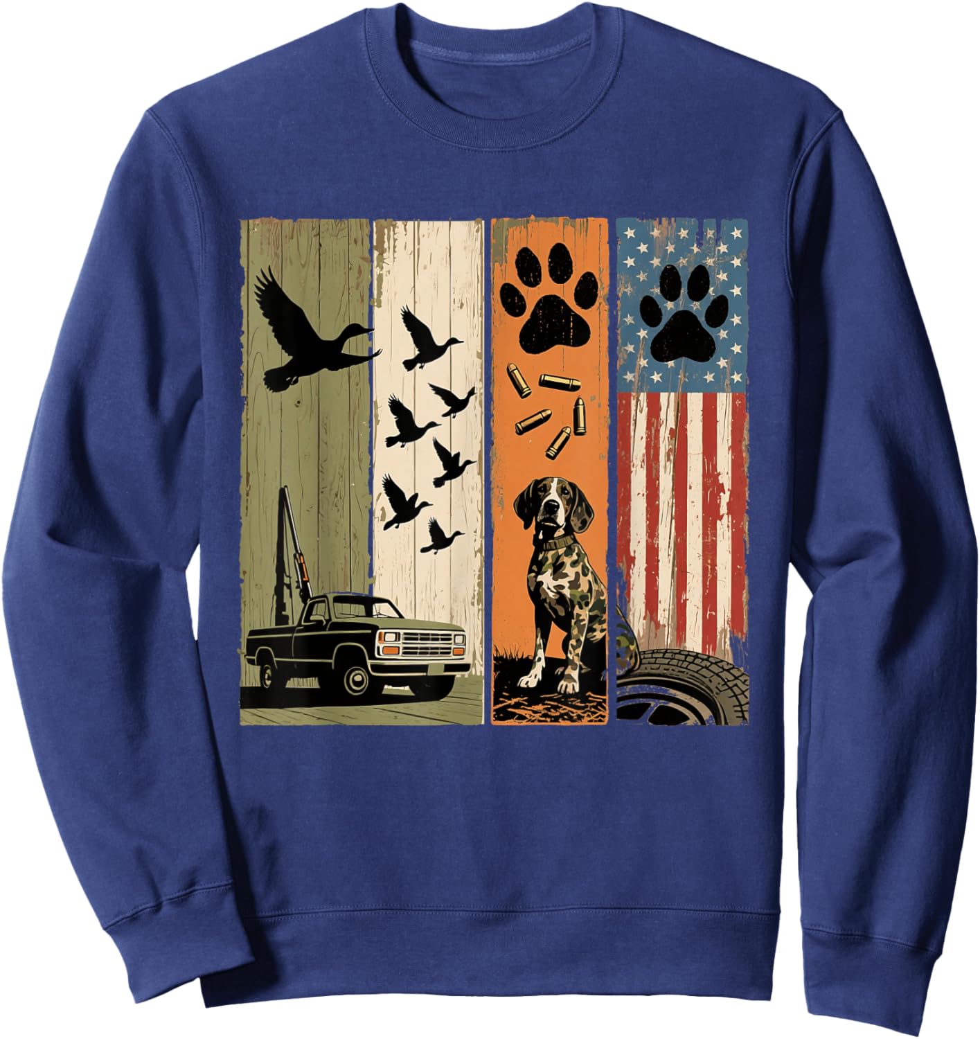 Vintage Hunting Dog Patriotic USA Flag Duck Hunter Men Boys Sweatshirt - Sweatshirt | Navy