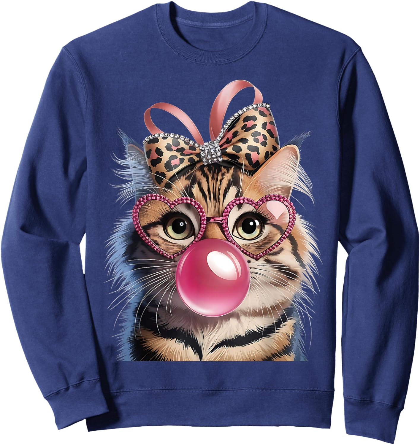 Cute Funny Leopard Bow Pink Glasses Cat Bubble Gum Girls Sweatshirt - Sweatshirt | Navy