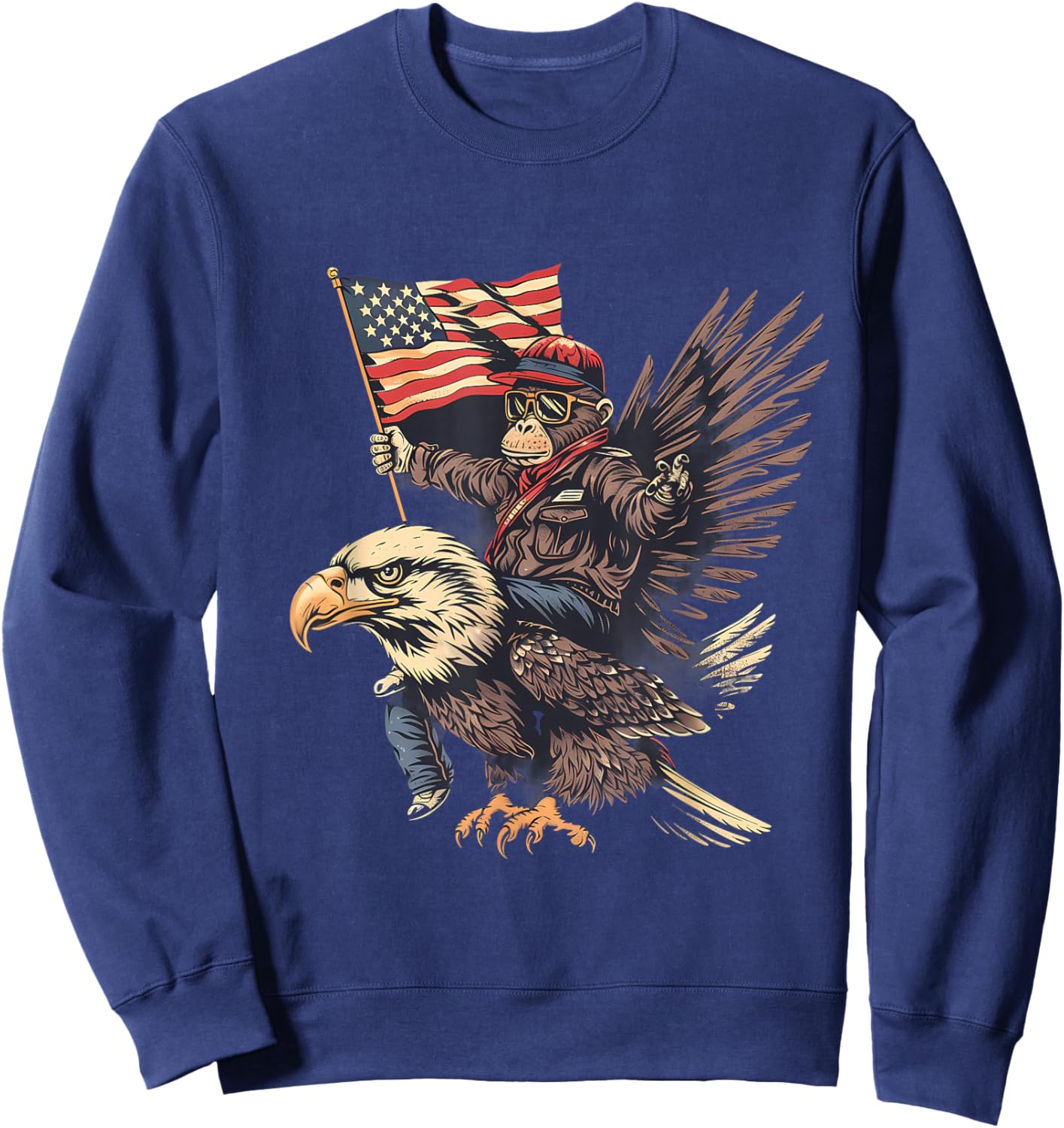 Funny Monkey Bald Eagle USA American Flag Fourth Of July Kids Men Sweatshirt - Sweatshirt | Navy
