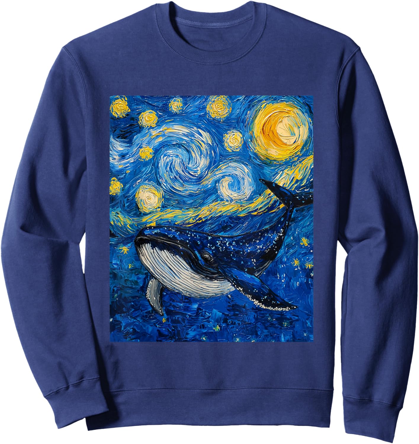 Whale Fish Van Gogh Style Starry Night Sea Graphic Sweatshirt - Sweatshirt | Navy