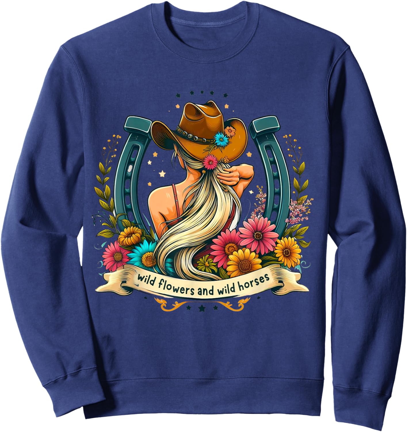 Retro Southern Sunset Cowgirl Wild Flowers - Wild Horses Sweatshirt - Sweatshirt | Navy