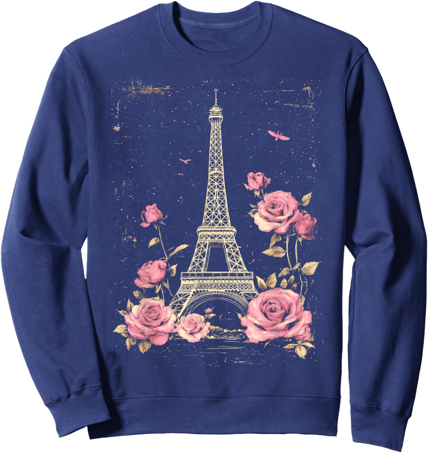 Vintage Paris Eiffel Tower Witn Pink Roses Floral Sweatshirt - Sweatshirt | Navy
