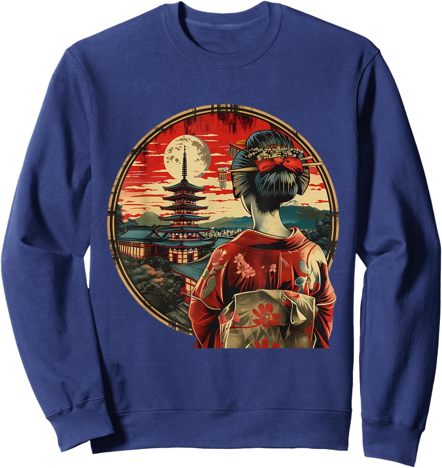 Japanese Geisha Pagoda Geisha Girl Kimono Traditional Art Sweatshirt - Sweatshirt | Navy