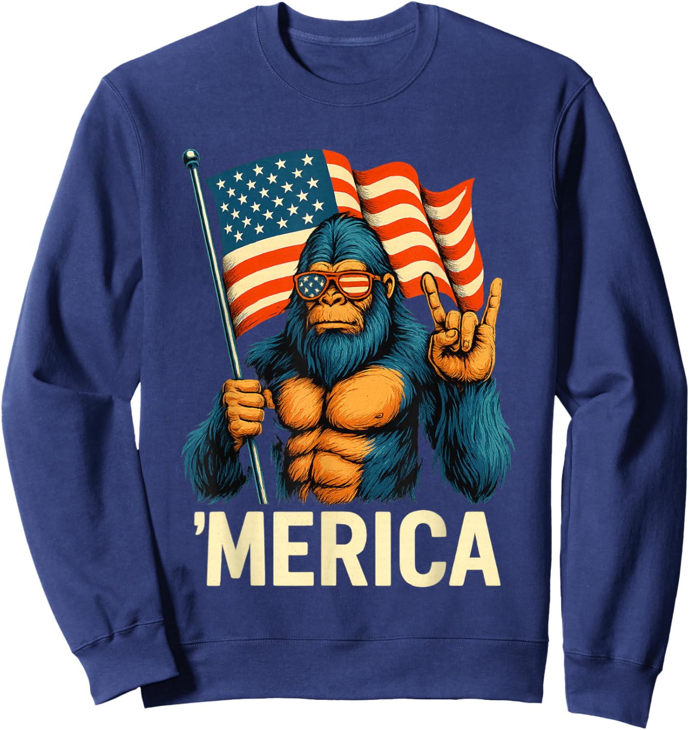 Bigfoot Merica Rock American Flag Patriotic 4th of July Sweatshirt - Sweatshirt | Navy