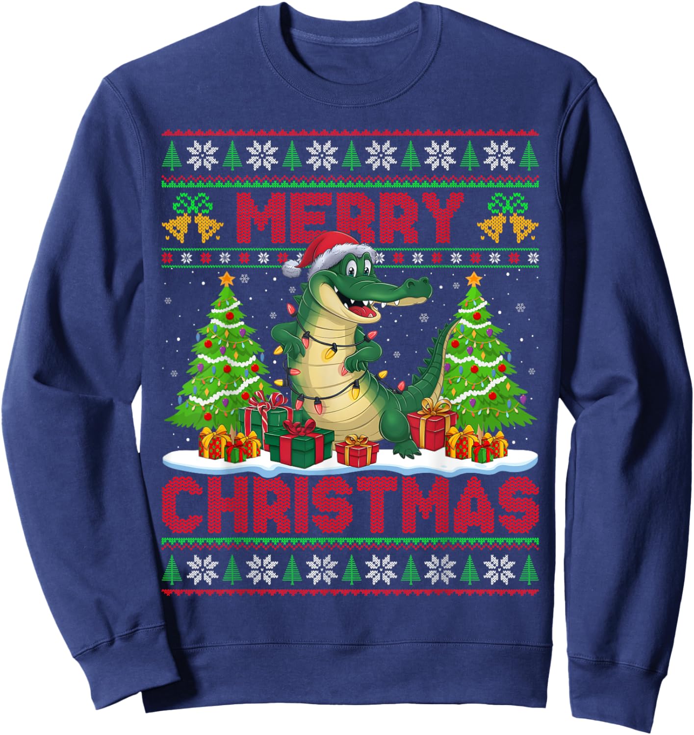Xmas Tree Ugly Style Santa Hat Alligator Christmas Sweatshirt - Sweatshirt | Navy