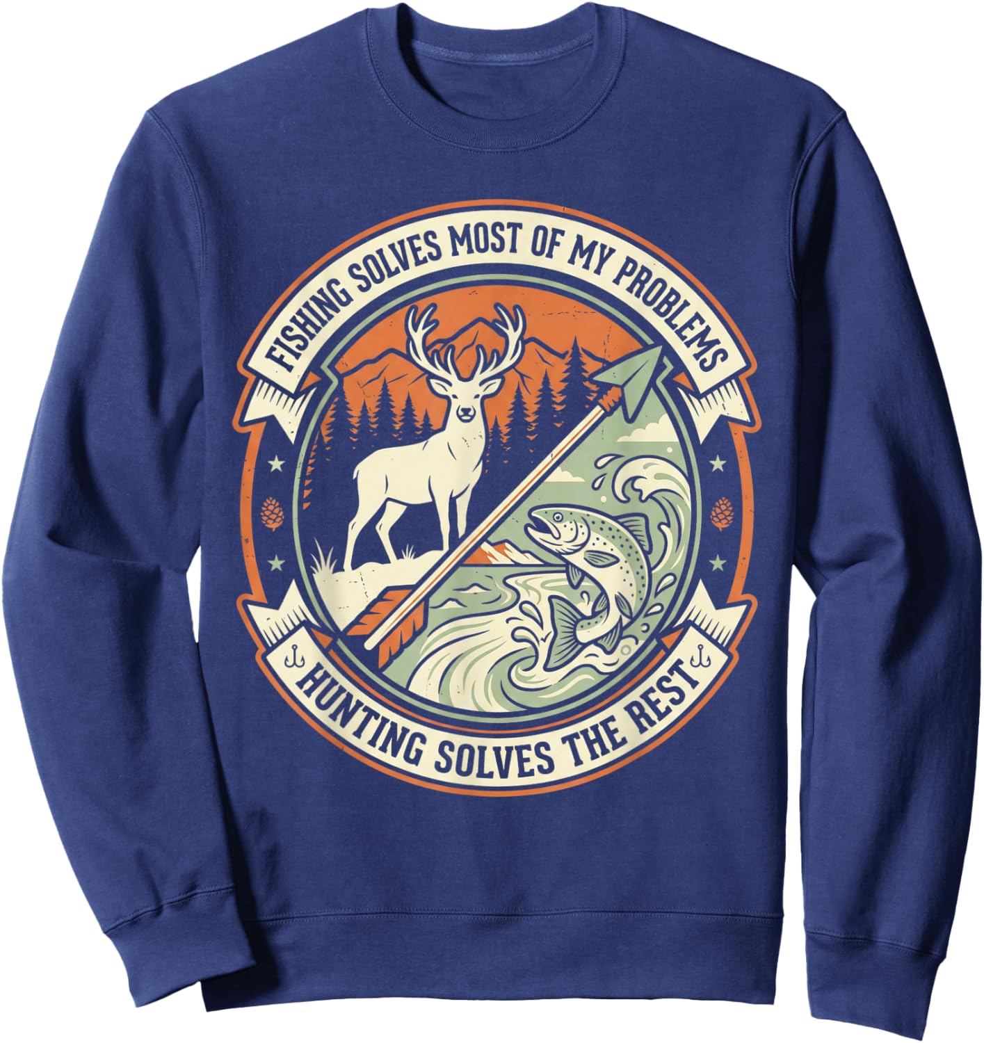 Funny Hunting Fishing Deer Buck Trout Vintage Outdoor Hobby Sweatshirt - Sweatshirt | Navy