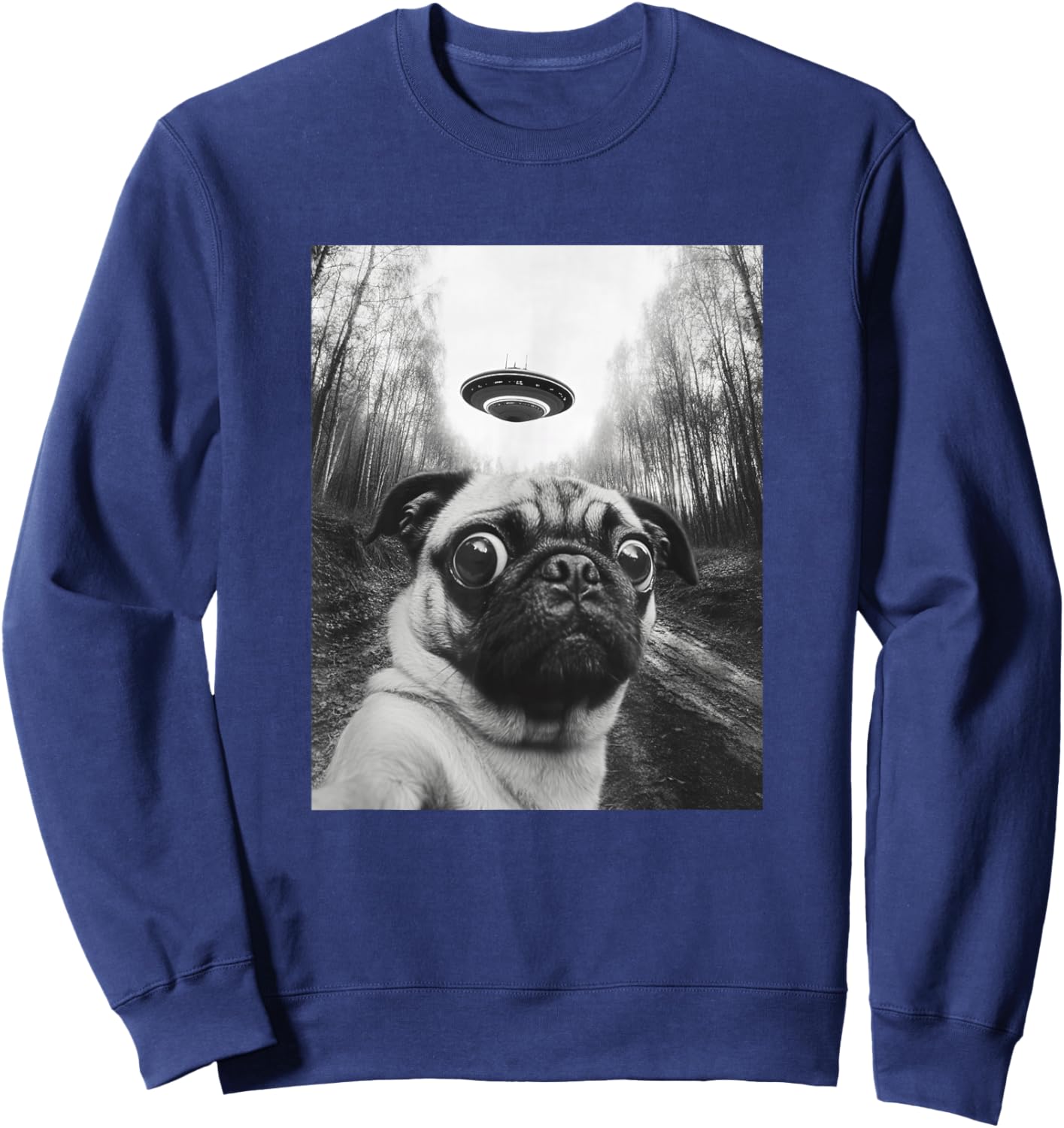 Pug UFO Meme - Funny Pug Selfie with UFO Sweatshirt - Sweatshirt | Navy