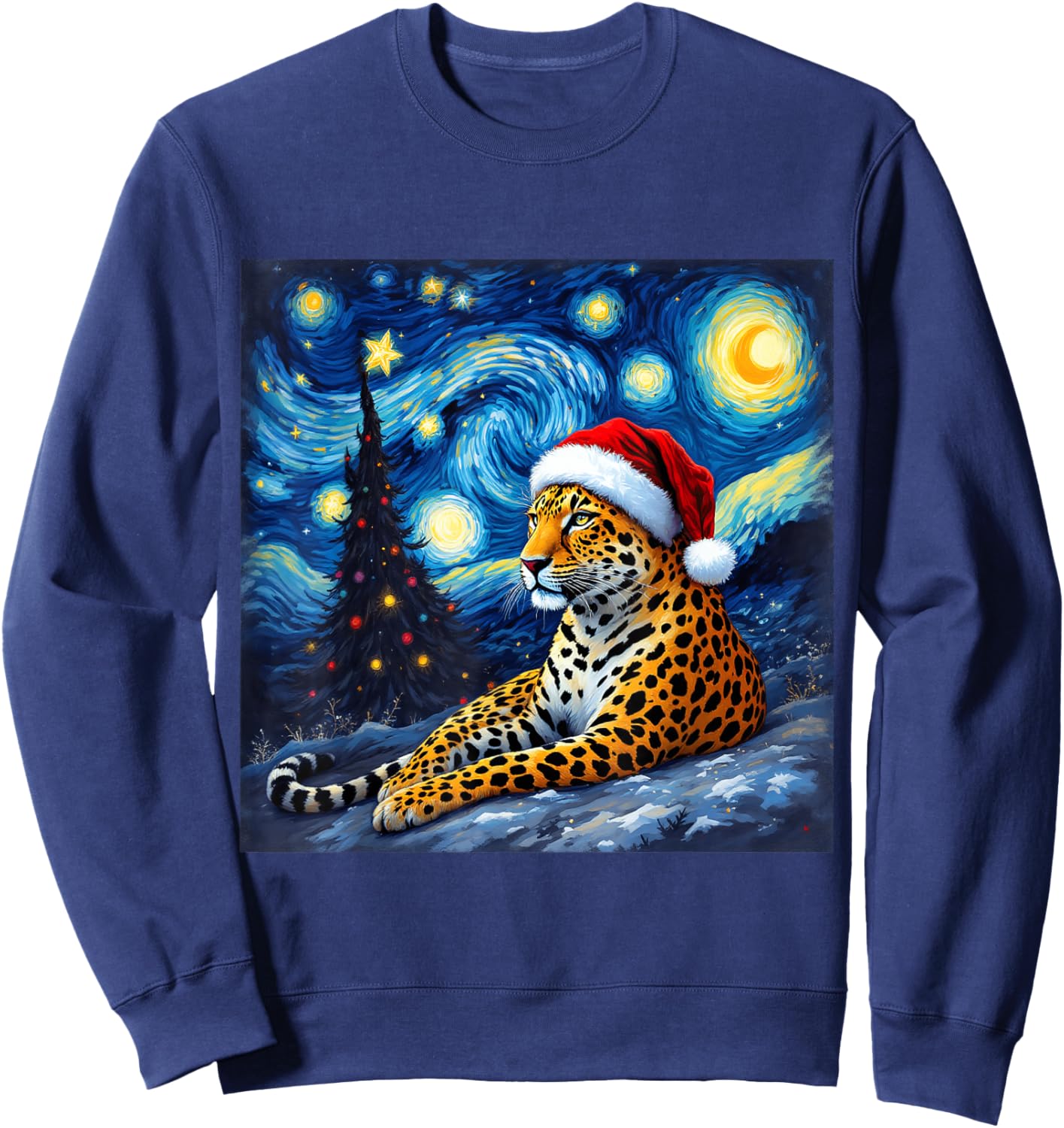 Christmas Leopard Santa Hat Van Gogh Starry Night Holiday Sweatshirt - Sweatshirt | Navy