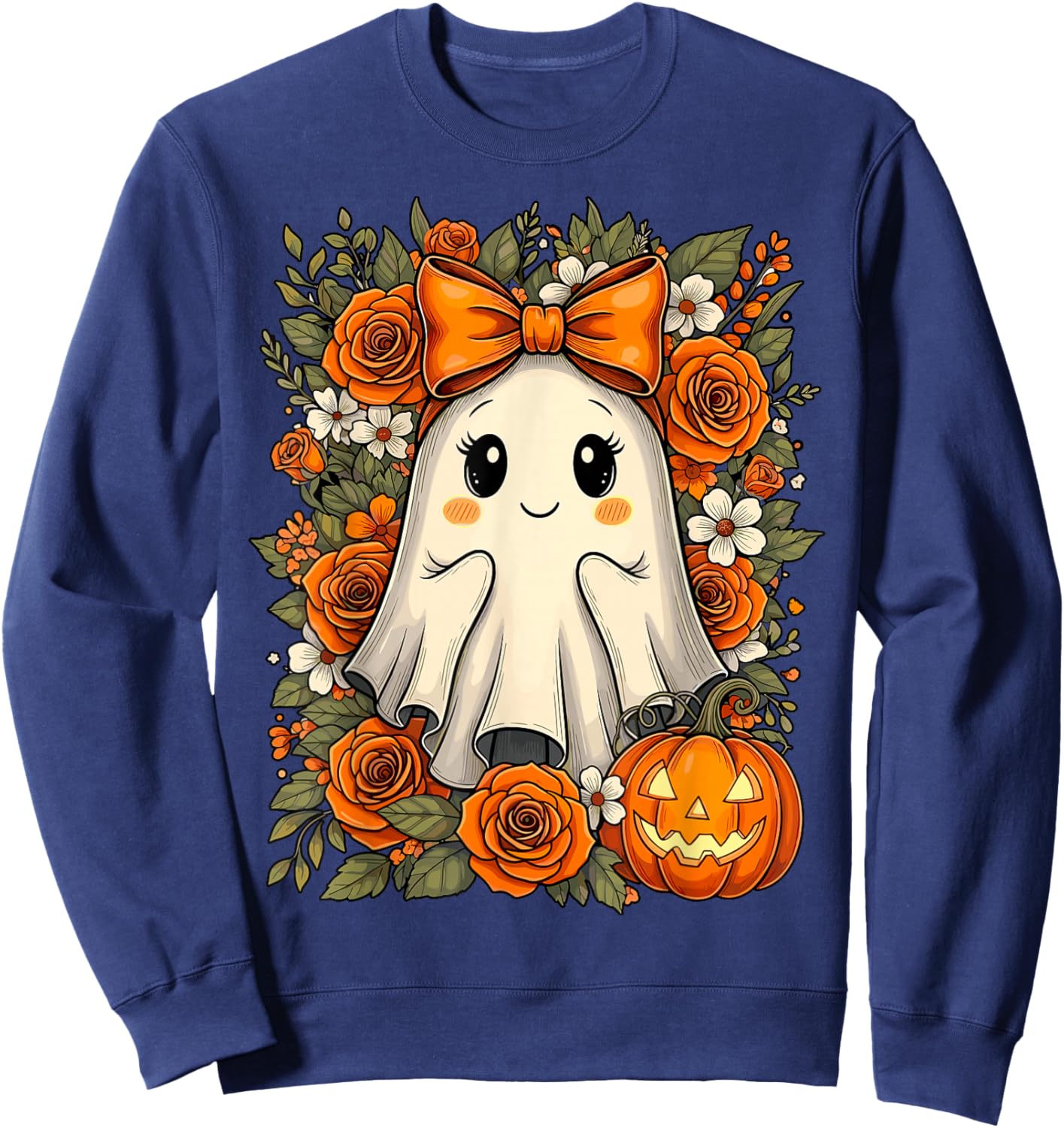 Cute Ghost Pumpkin Floral Halloween Sweatshirt - Sweatshirt | Navy
