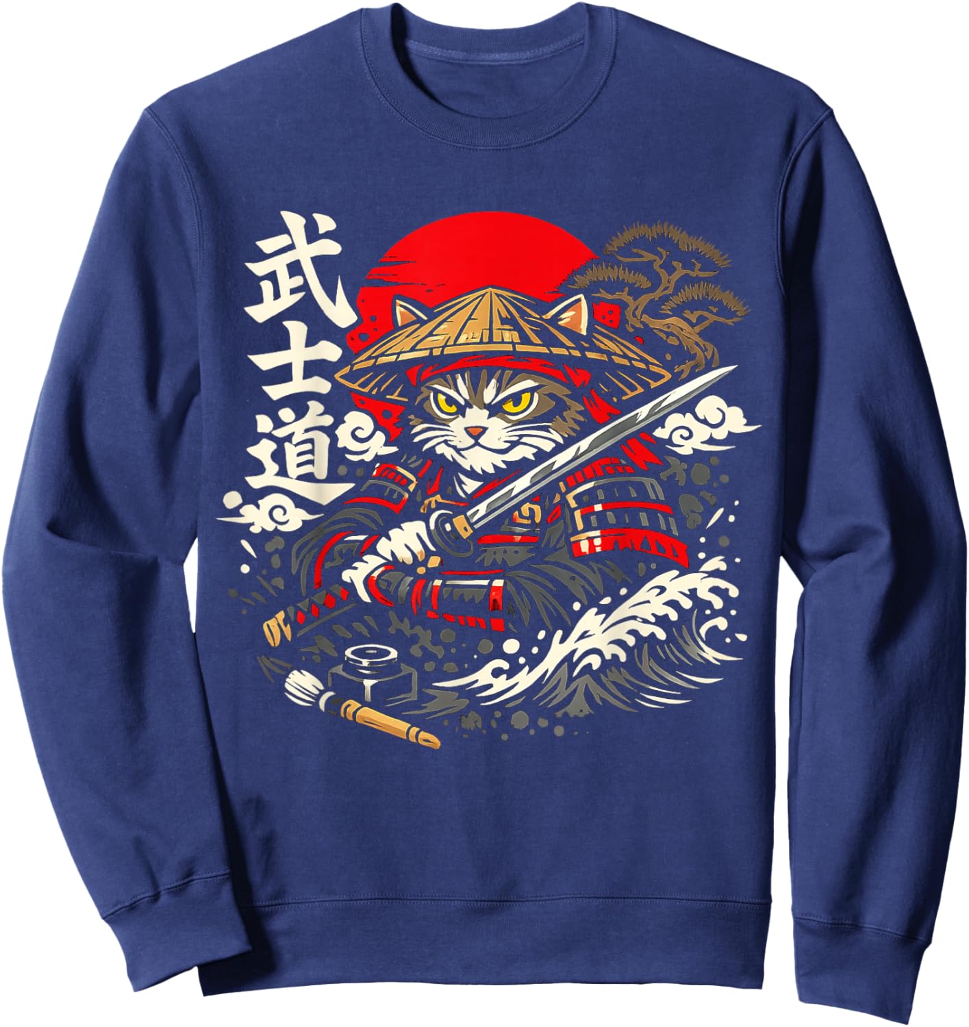 Chat samouraï avec Katana sous Le Soleil Style Bushido Sweatshirt - Sweatshirt | Navy