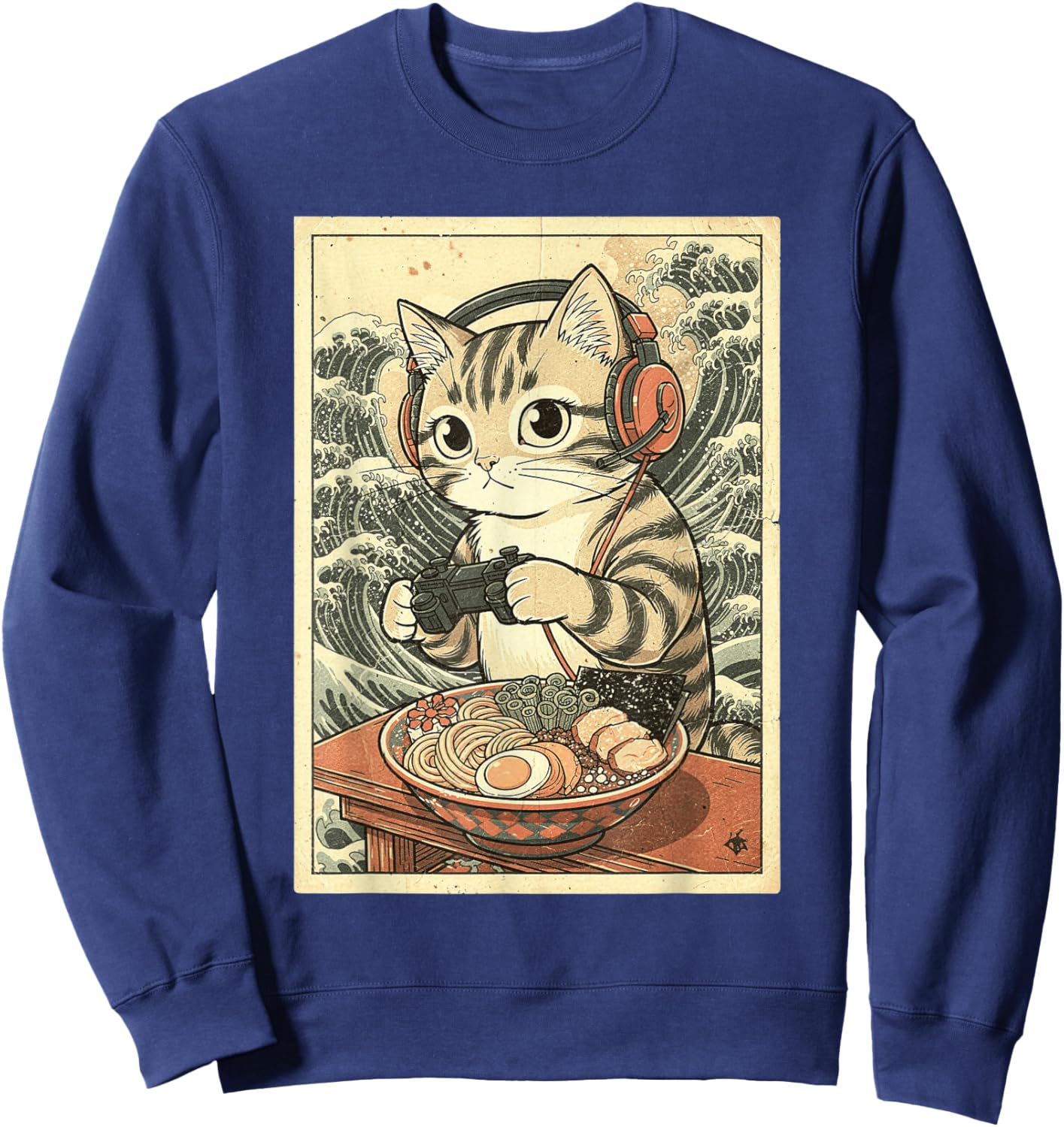 Cute Kawaii Gamer Cat Funny Ramen Retro Japanese Cat Gaming Sweatshirt - Sweatshirt | Navy