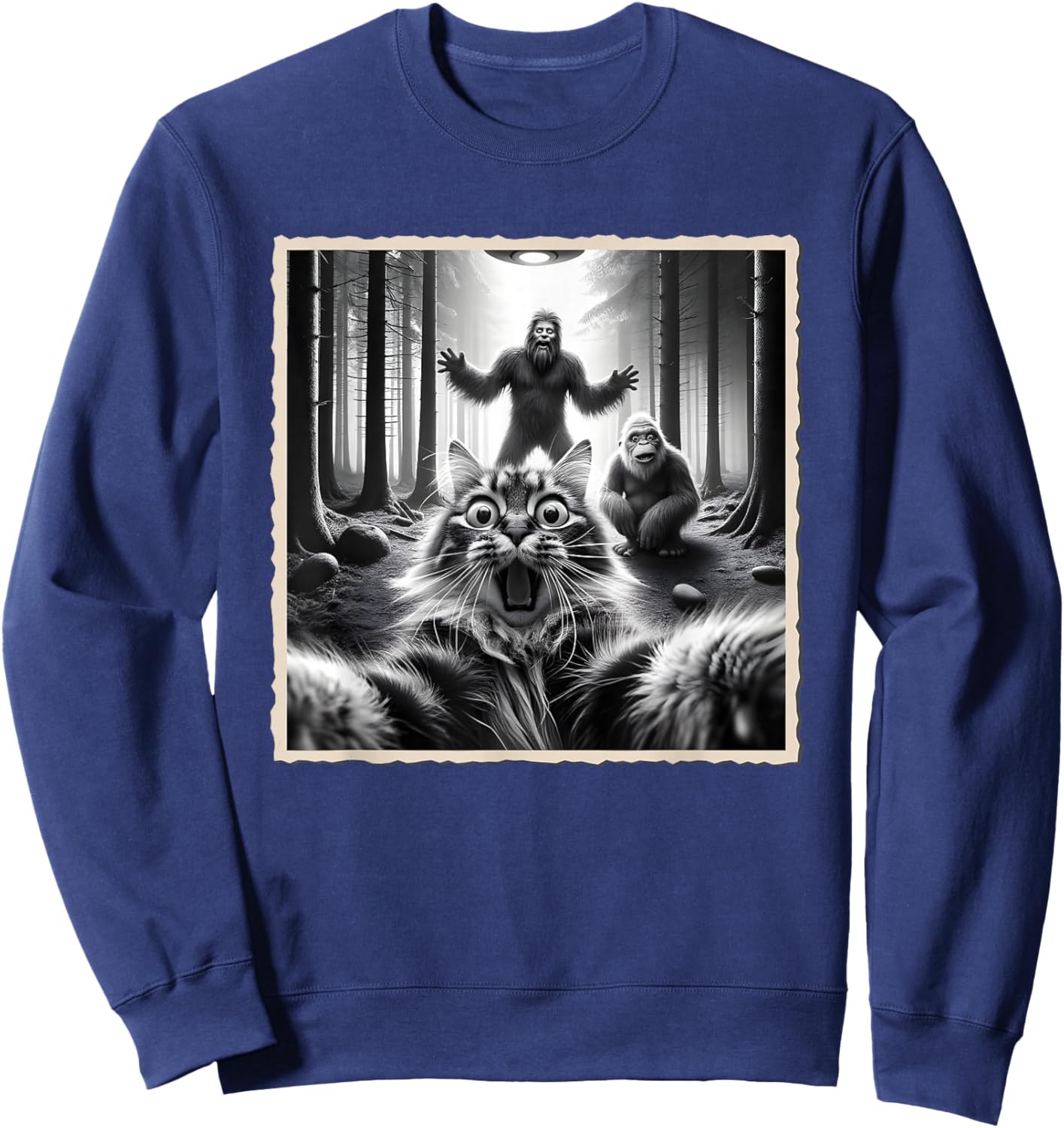 Cat Selfie With Bigfoot; Funny Sasquatch & Cat Sweatshirt - Sweatshirt | Navy