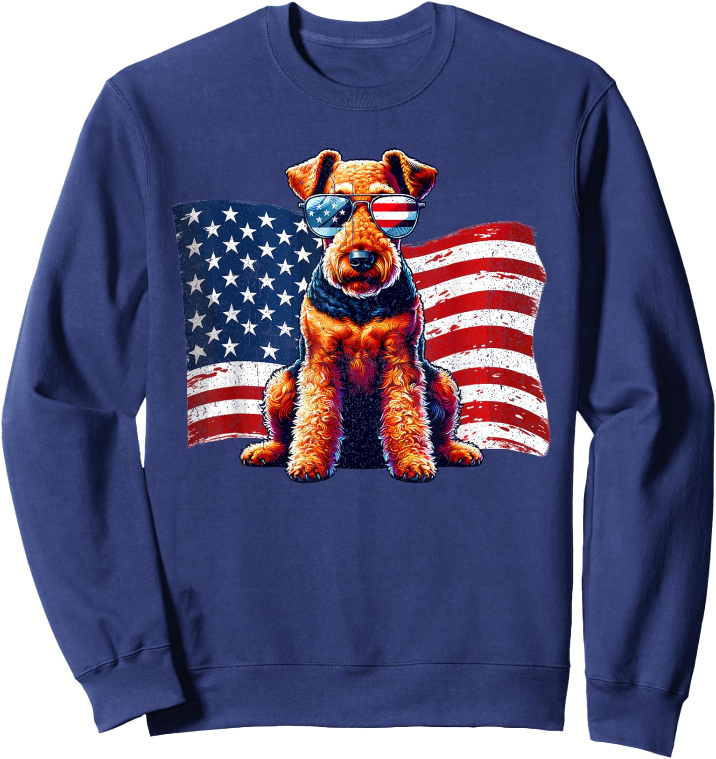 Vintage Airedale Terrier American Flag Sunglasses Patriotic Sweatshirt - Sweatshirt | Navy