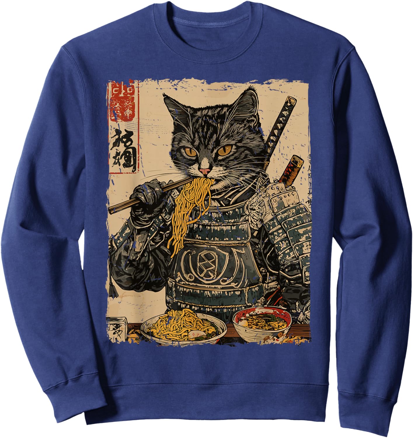 Samurai Cat Loves Ramen Funny Anime Japanese Artwork Samurai Sweatshirt - Sweatshirt | Navy
