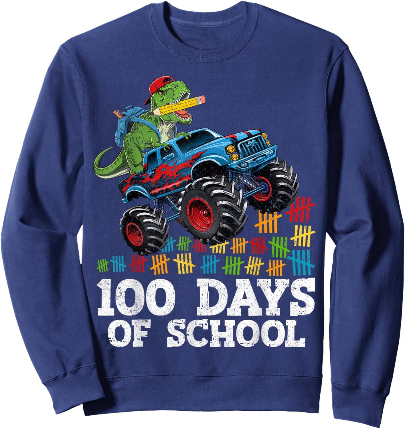 100 Days of School Monster Truck Dino 100th Day School Boys Sweatshirt - Sweatshirt | Navy