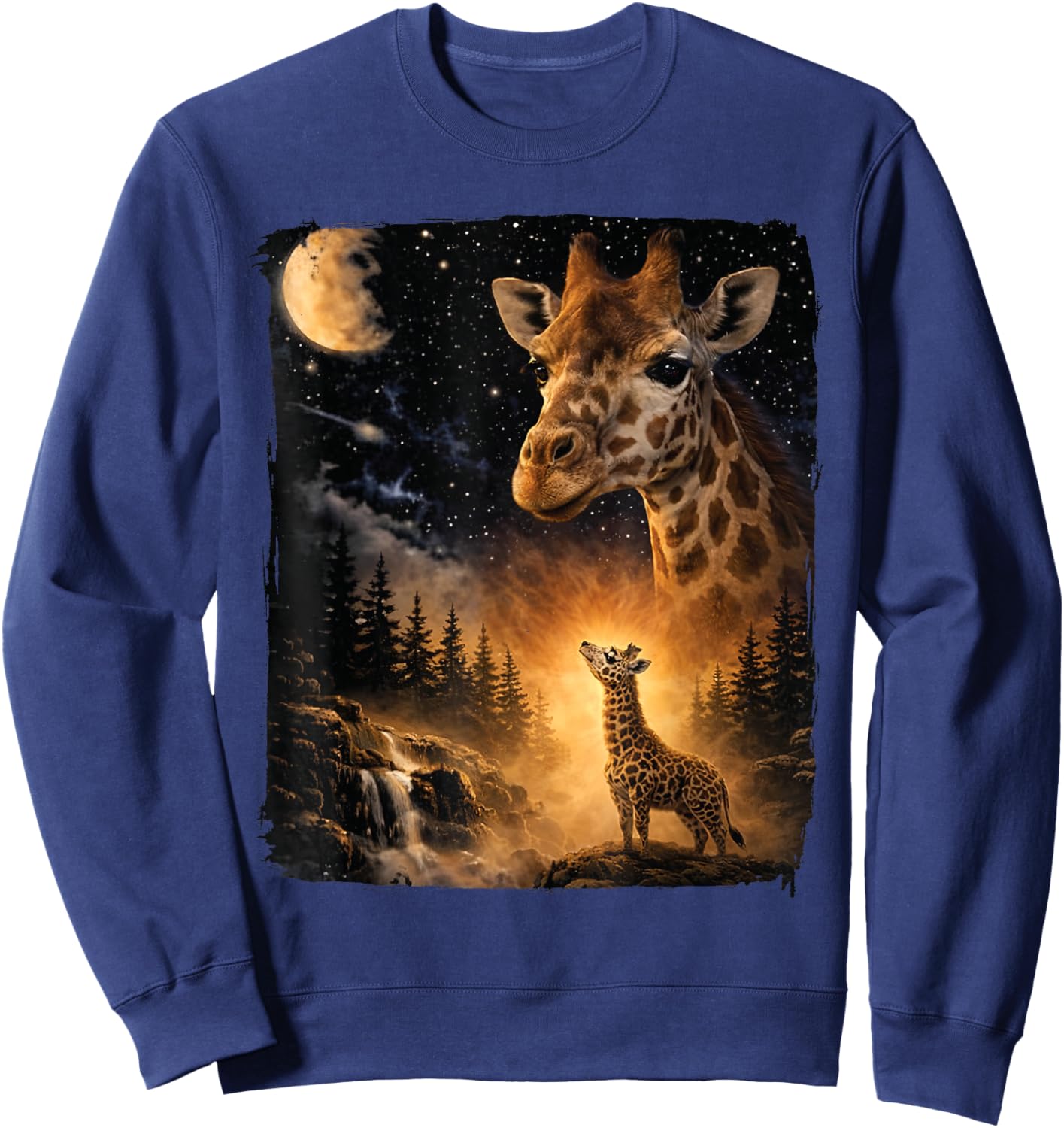 Vintage 90s Giraffe Howling at The Moon Wildlife Animals Sweatshirt - Sweatshirt | Navy