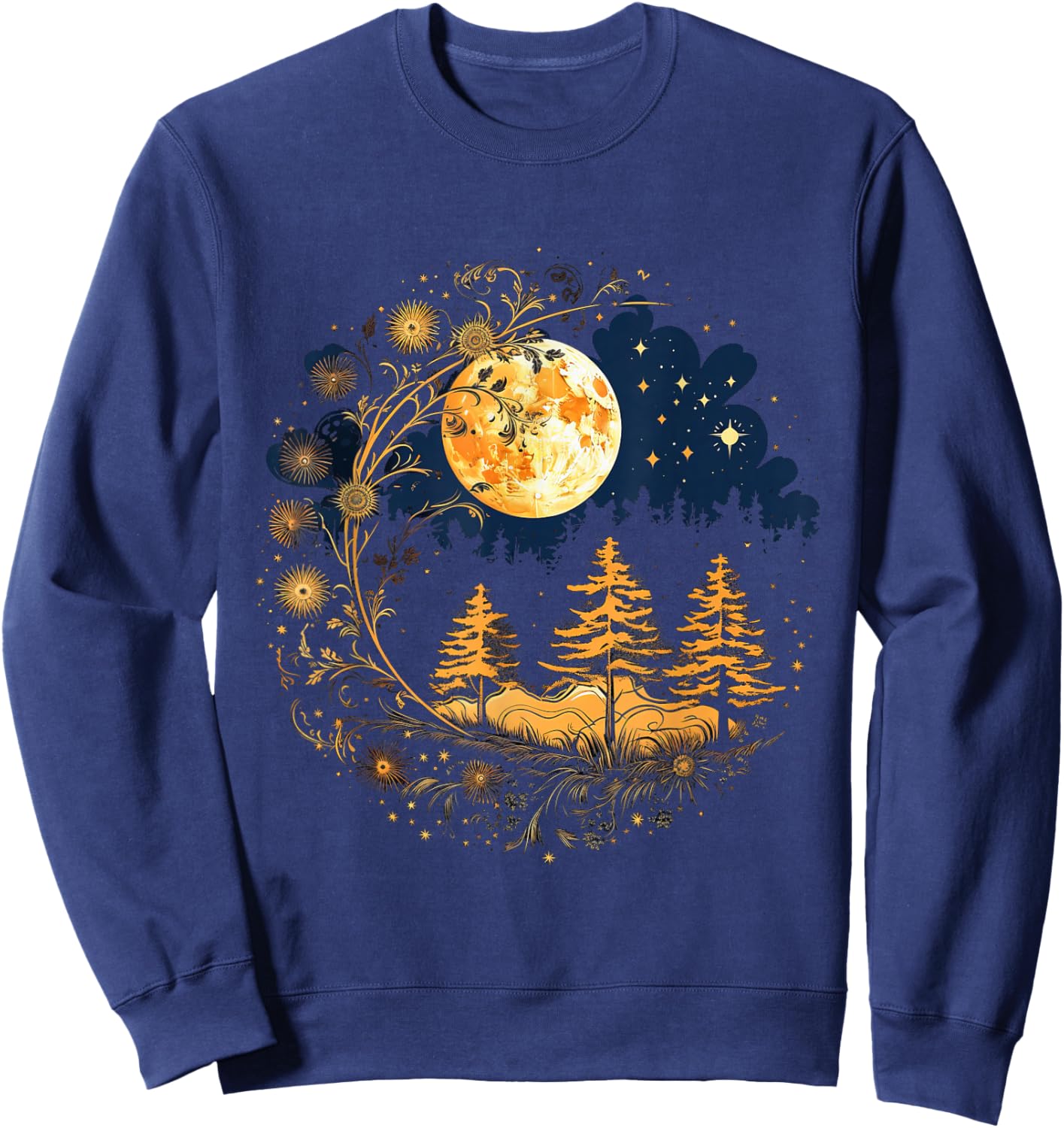 Mystical Sun and Moon with Woman Mystical Flowers Aesthetic Sweatshirt - Sweatshirt | Navy