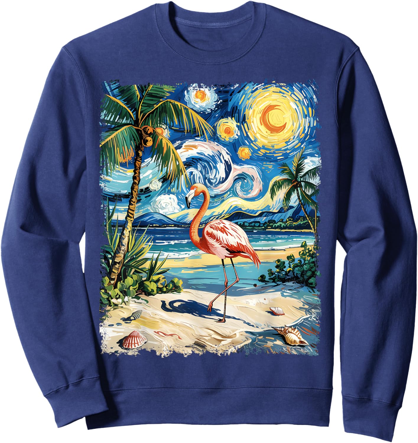 Vintage Flamingo Starry Night Summer Vacation Beach Trip Sweatshirt - Sweatshirt | Navy