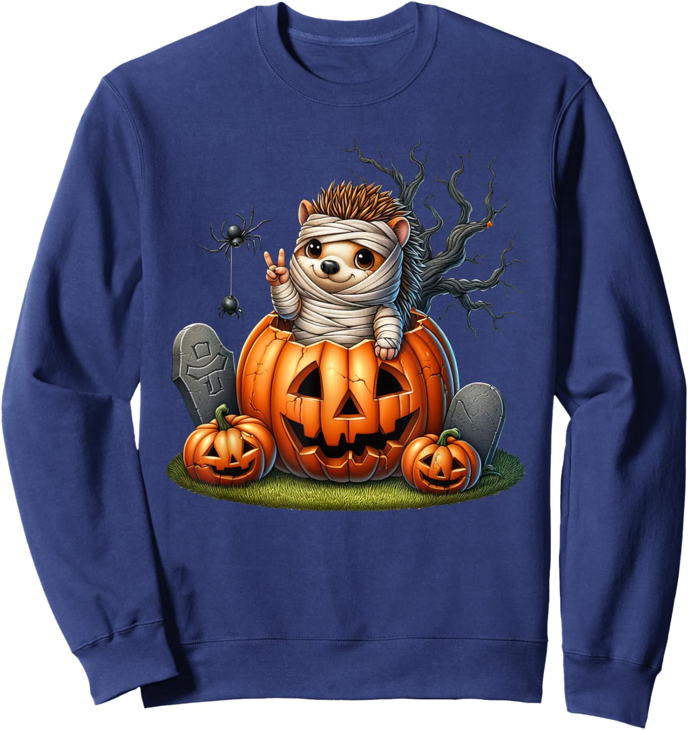 Funny Hedgehog Mummy Pumpkin Halloween Kids Sweatshirt - Sweatshirt | Navy