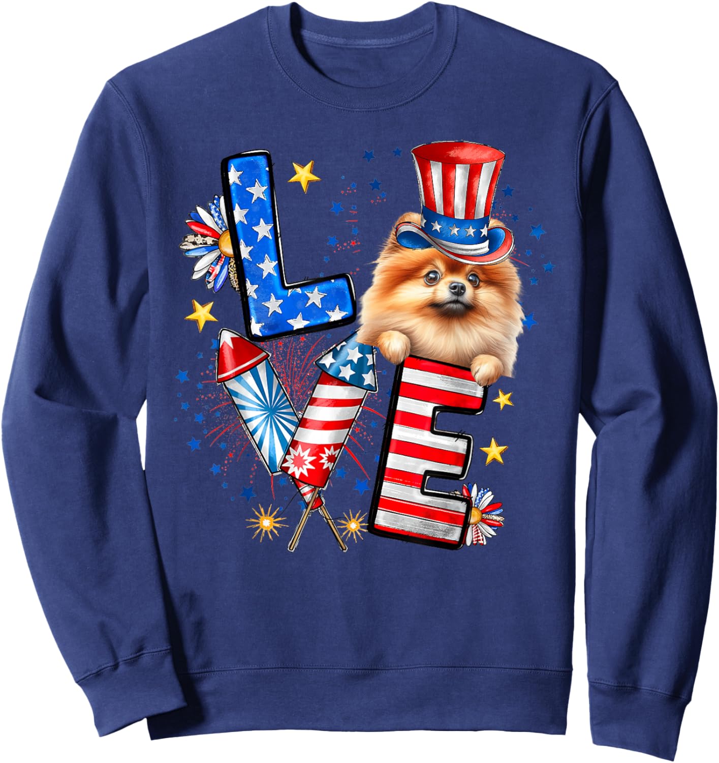 LOVE Pomeranian Dog American Flag 4th Of July Sweatshirt - Sweatshirt | Navy