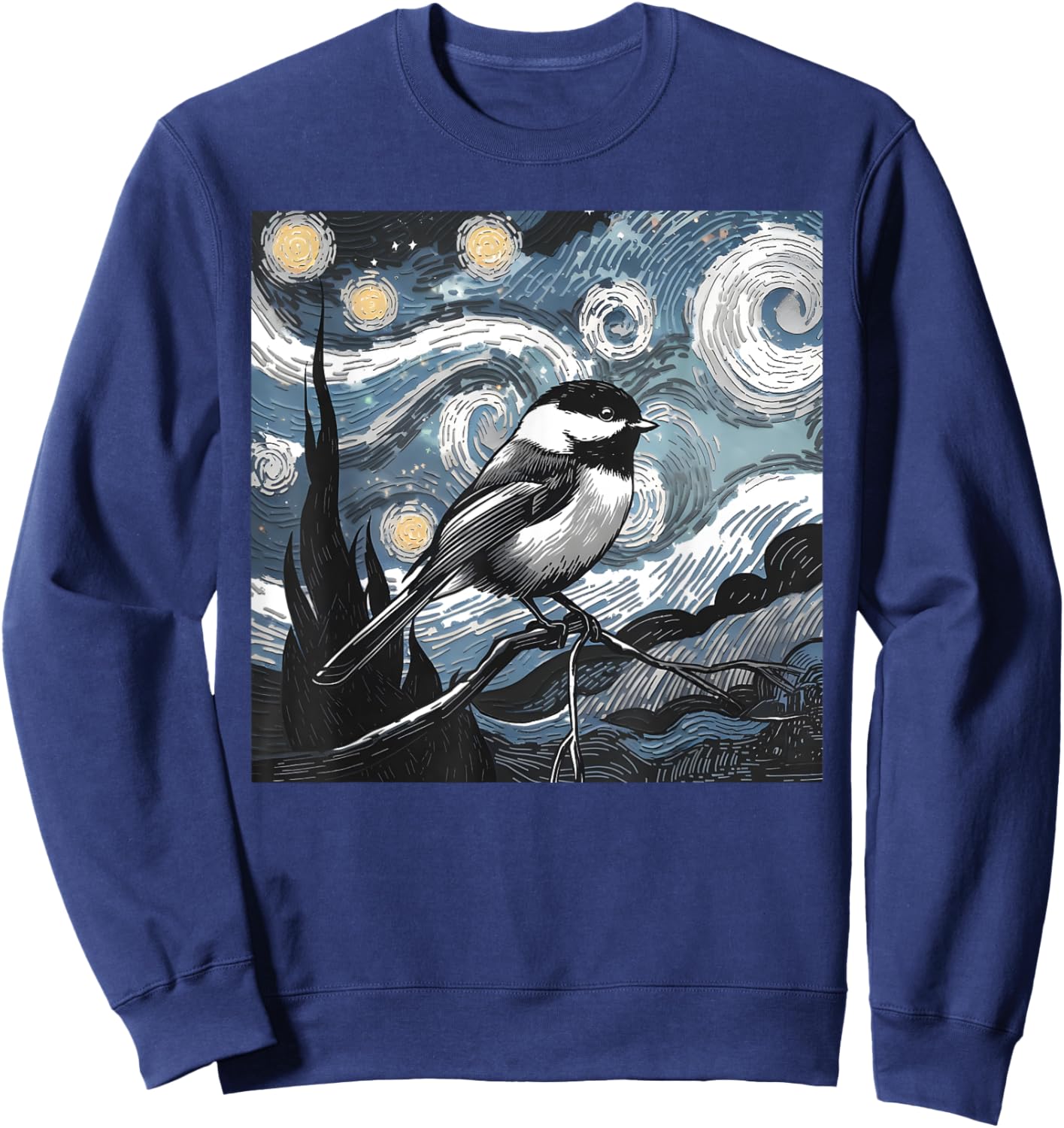 Black Capped Chickadee Bird Lover Starry Night Art Van Gogh Sweatshirt - Sweatshirt | Navy