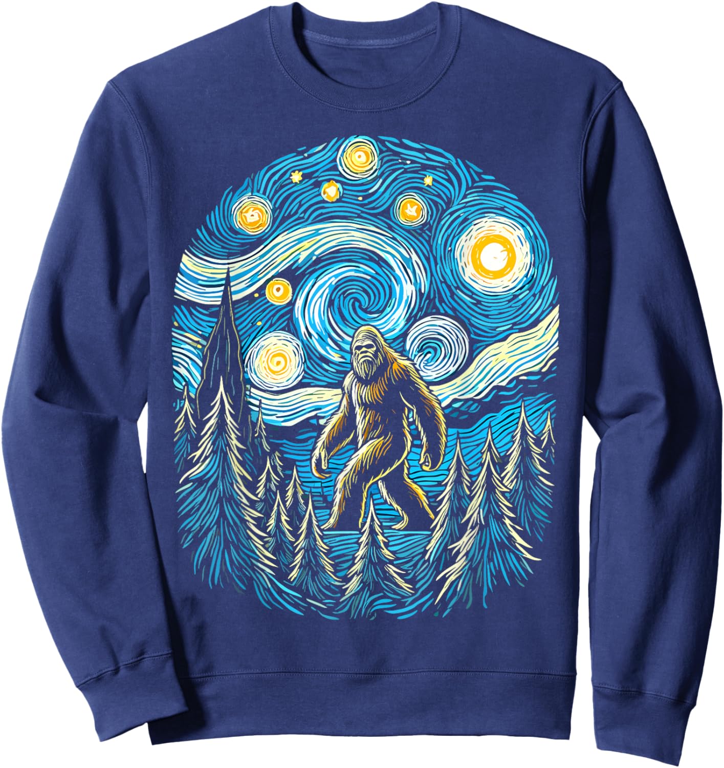 Bigfoot Starry Night Forest Van Gogh Sasquatch Painting Art Sweatshirt - Sweatshirt | Navy