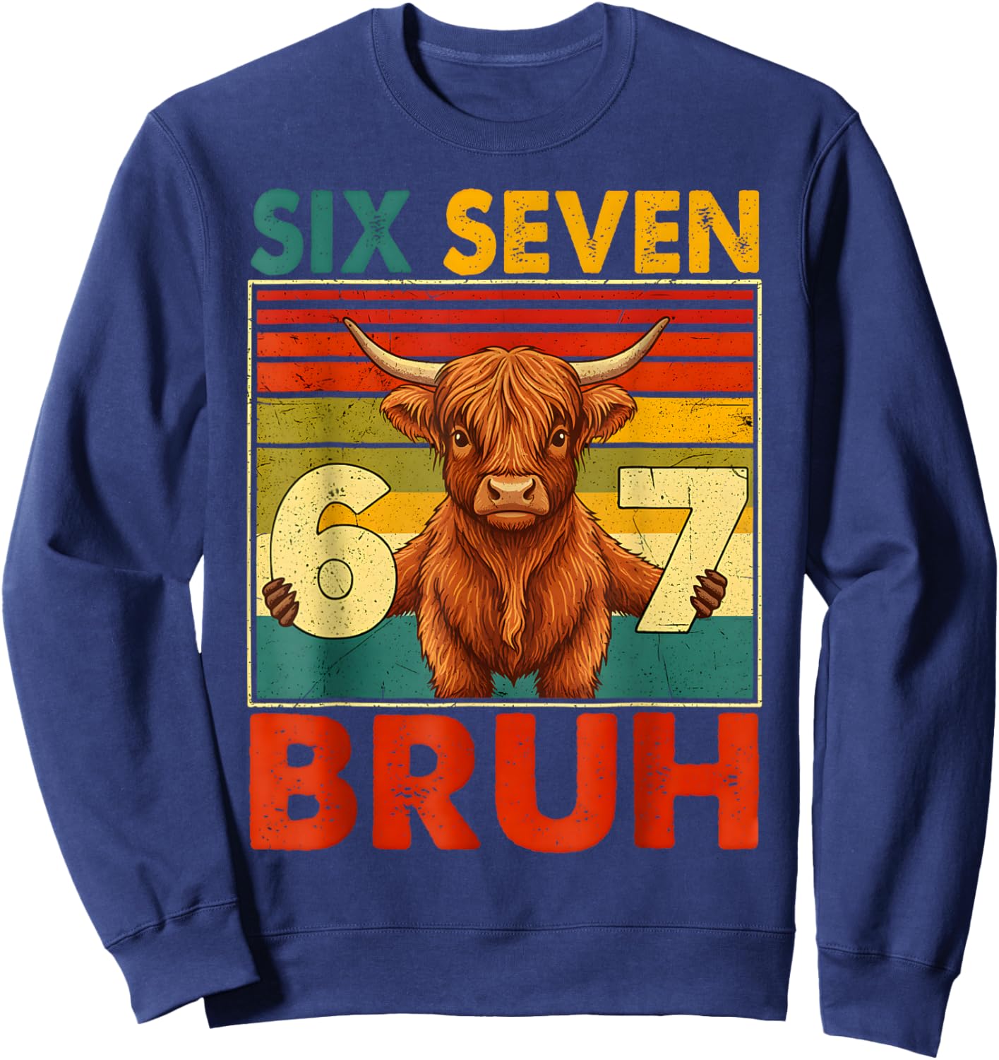 Retro 67 Meme Cow Funny Six Seven Bruh Cows for Kids Boys Sweatshirt - Sweatshirt | Navy