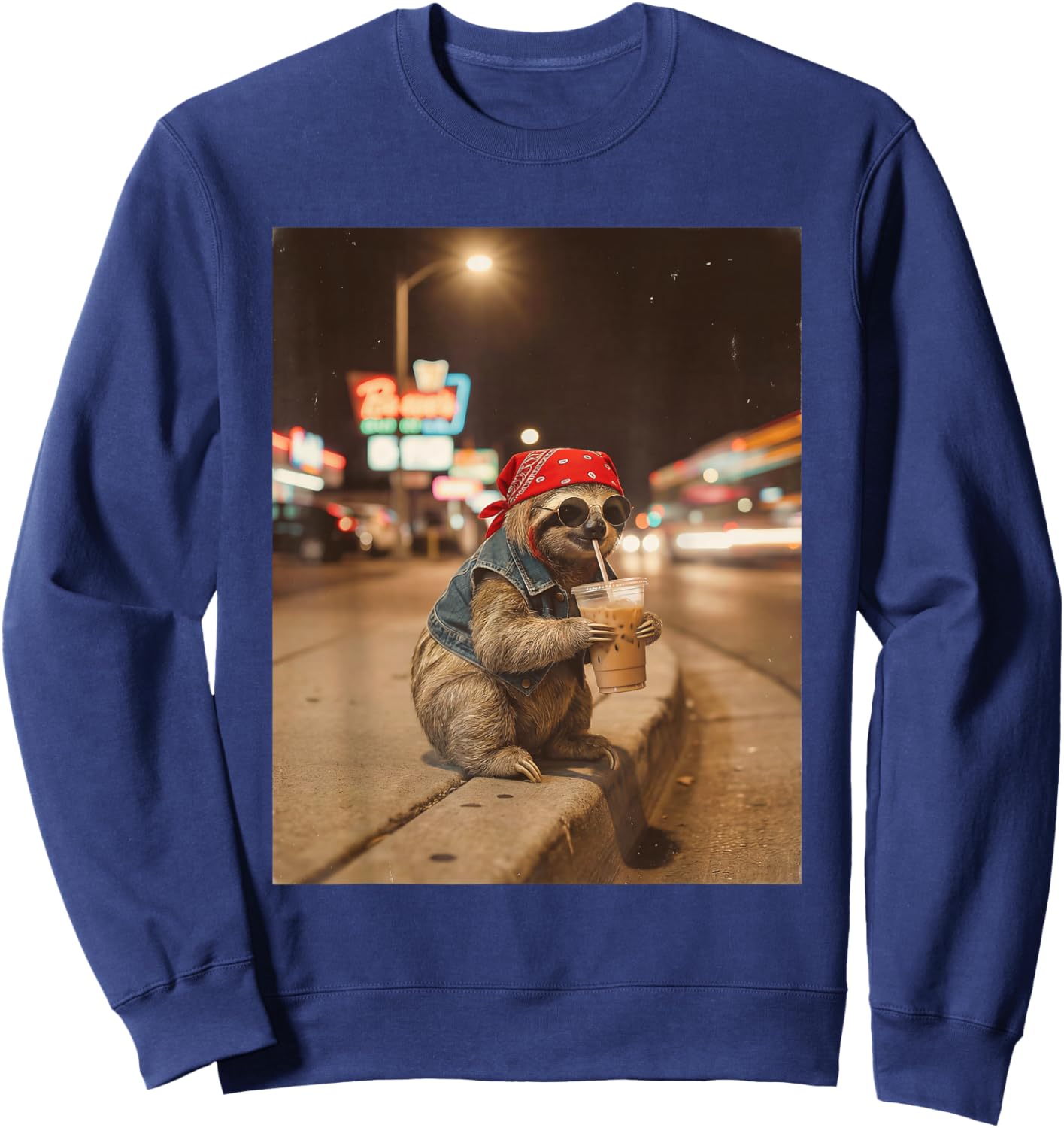 Cool Sloth Drinking Iced Coffee Funny Sloths Meme Men Women Sweatshirt - Sweatshirt | Navy