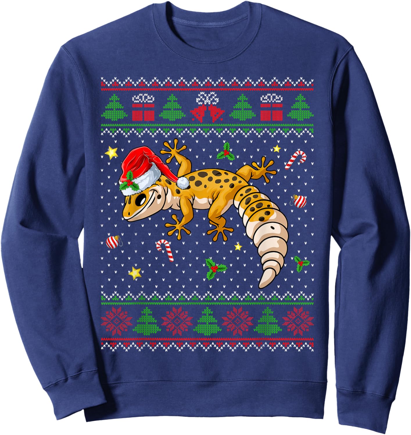 Cute Leopard Gecko Santa Hat Ugly Christmas Sweater Xmas PJS Sweatshirt - Sweatshirt | Navy