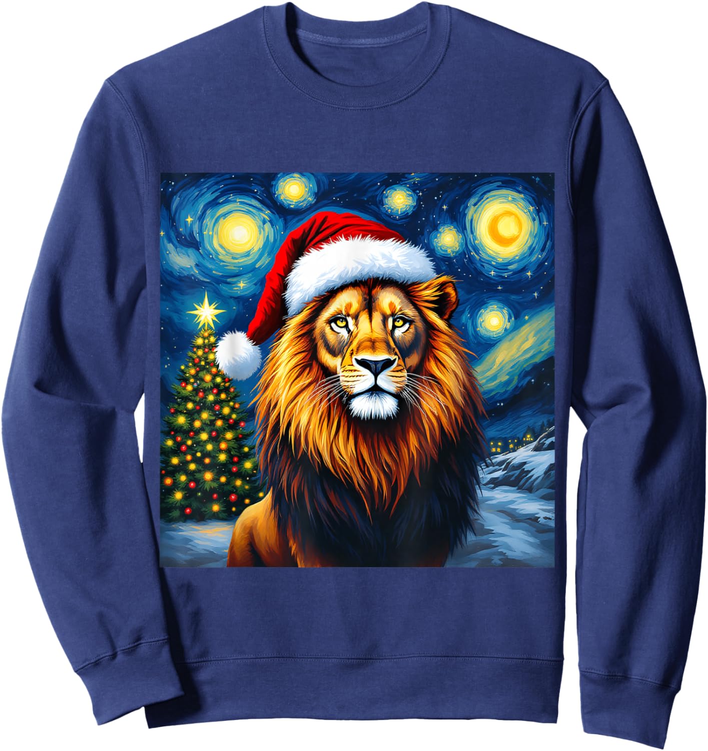Christmas Lion Santa Hat Van Gogh Starry Night Holiday Sweatshirt - Sweatshirt | Navy