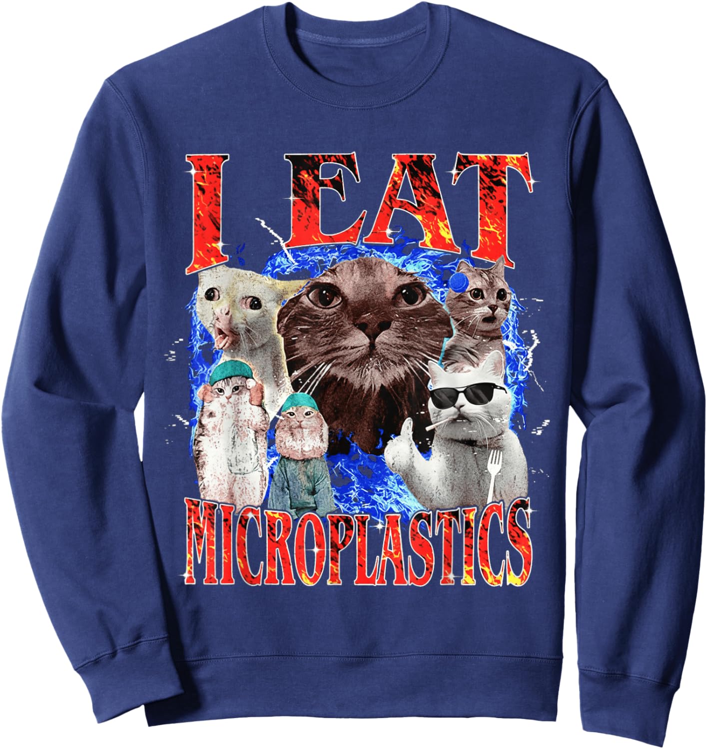 I Eat Microplastics Cat Japanese Funny Cute Meme Sweatshirt - Sweatshirt | Navy