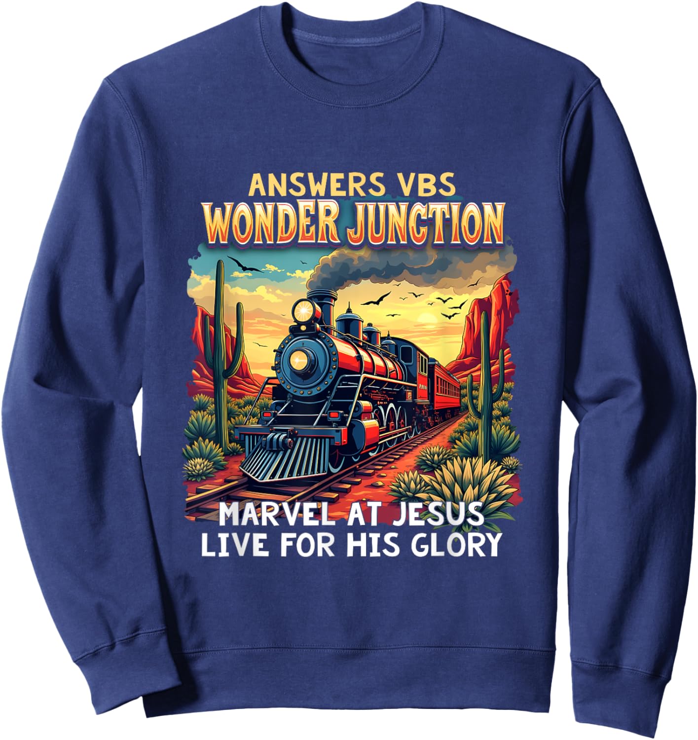 Christian Camp VBS 2025 Wonder His Glory Junction Train Sweatshirt - Sweatshirt | Navy
