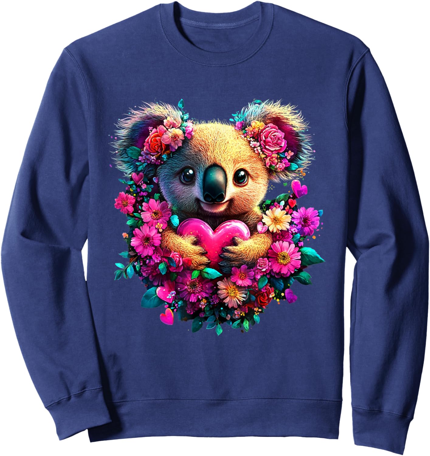 Koala Hearts and Flowers Graphic Valentines Day Sweatshirt - Sweatshirt | Navy