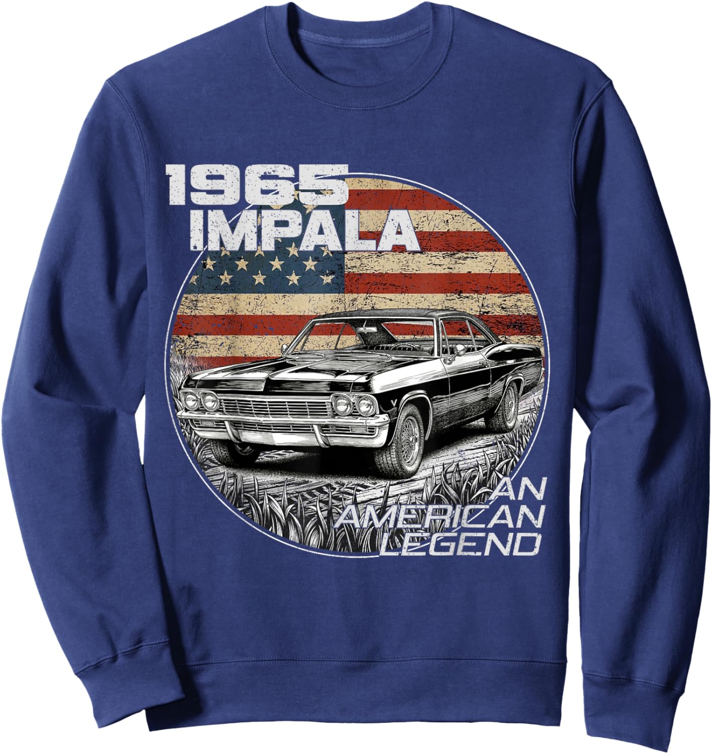 American Flag 1965 65 Impala Old School Muscle Car Sweatshirt - Sweatshirt | Navy