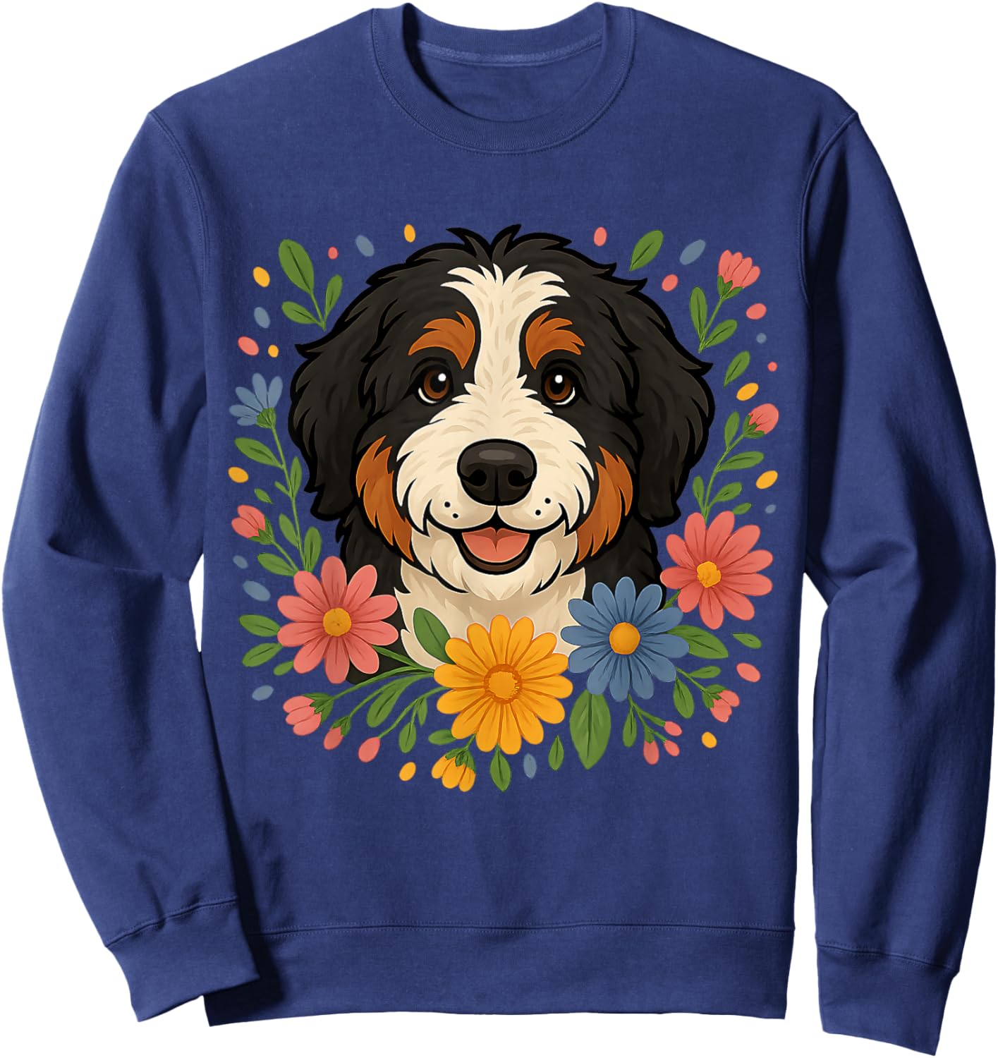 Floral Bernedoodle Colorful Spring Flowers Wildflowers Sweatshirt - Sweatshirt | Navy