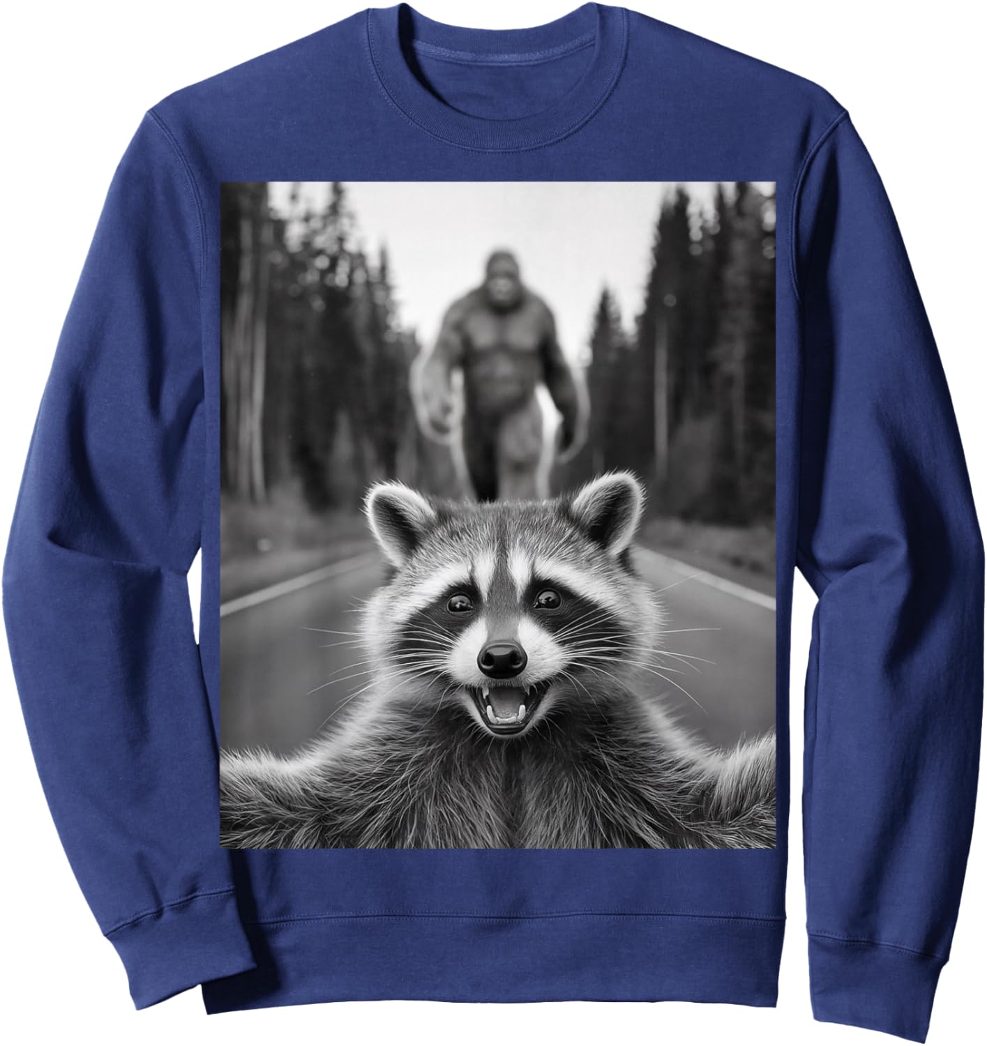 Scared Raccoon Selfie With Sasquatch Bigfoot , Funny Raccoon Sweatshirt - Sweatshirt | Navy