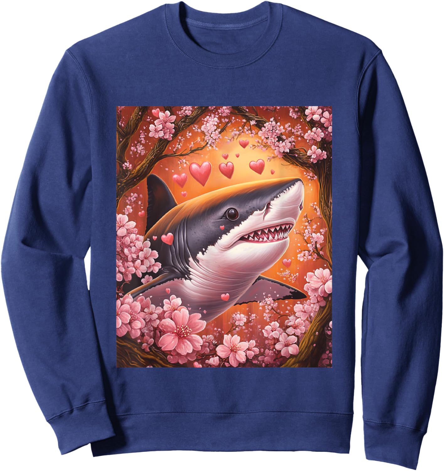 Shark Japanese Cherry Blossom Graphic for Valentines Day Sweatshirt - Sweatshirt | Navy
