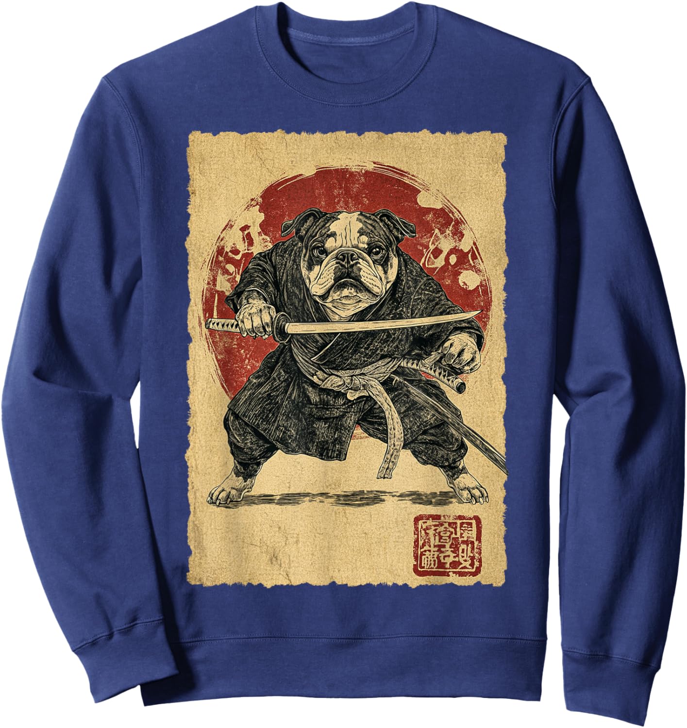 Funny Vintage Japanese Art Bulldog Ninja Samurai Warrior Men Women Girls Kids Sweatshirt - Sweatshirt | Navy