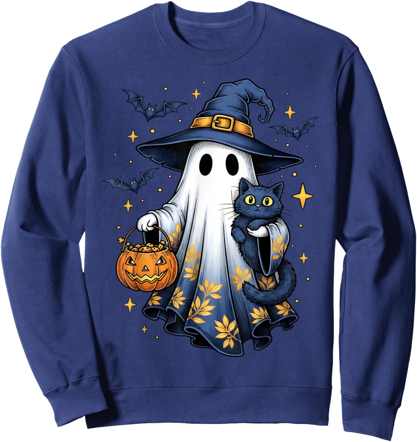 Halloween Ghost Witch Holding Black Cat Funny Halloween Sweatshirt - Sweatshirt | Navy