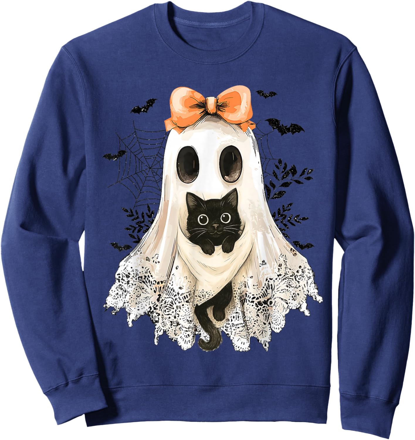 Retro Lace Ghost Coquette Black Cat Spooky Halloween Women Sweatshirt - Sweatshirt | Navy