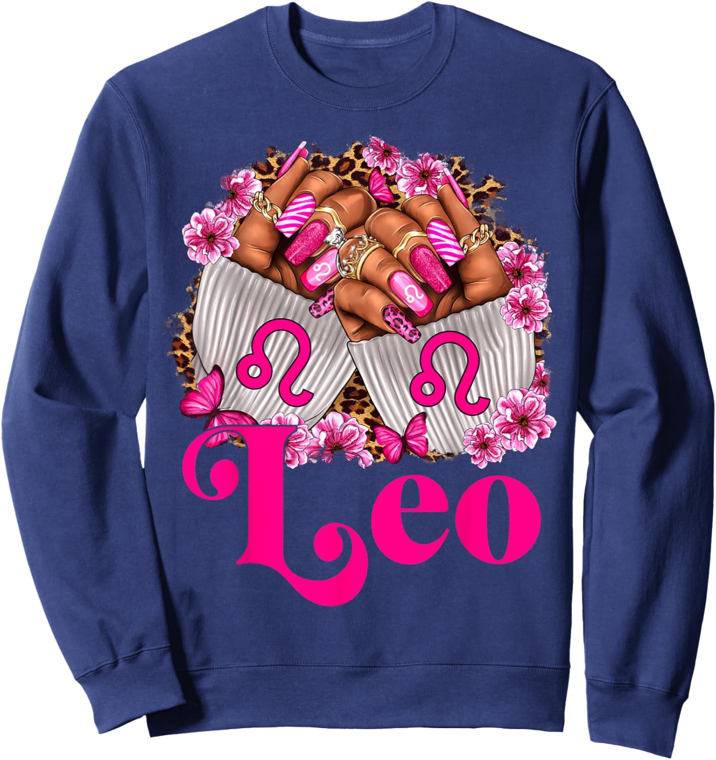 Black Women Floral Nails With Leopard Leo Queen Sweatshirt - Sweatshirt | Navy